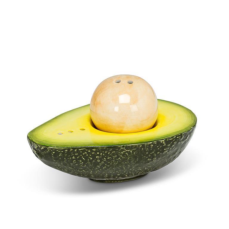 Avocado-shaped salt and pepper shaker on a white background