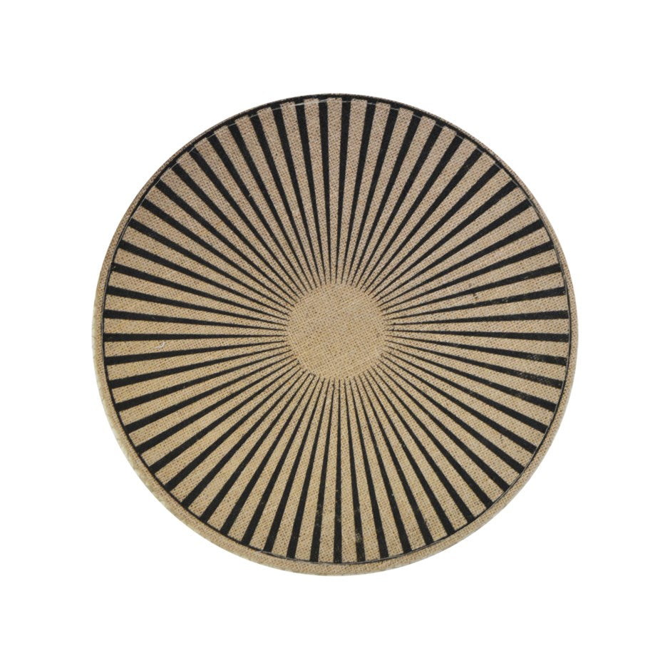 Round placemat with black and beige striped pattern on a white background