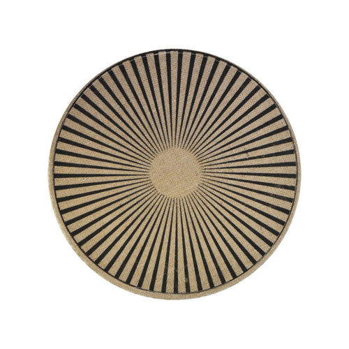 Round placemat with black and beige striped pattern on a white background