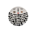 Round decorative plate with a face design featuring black dots on a white background