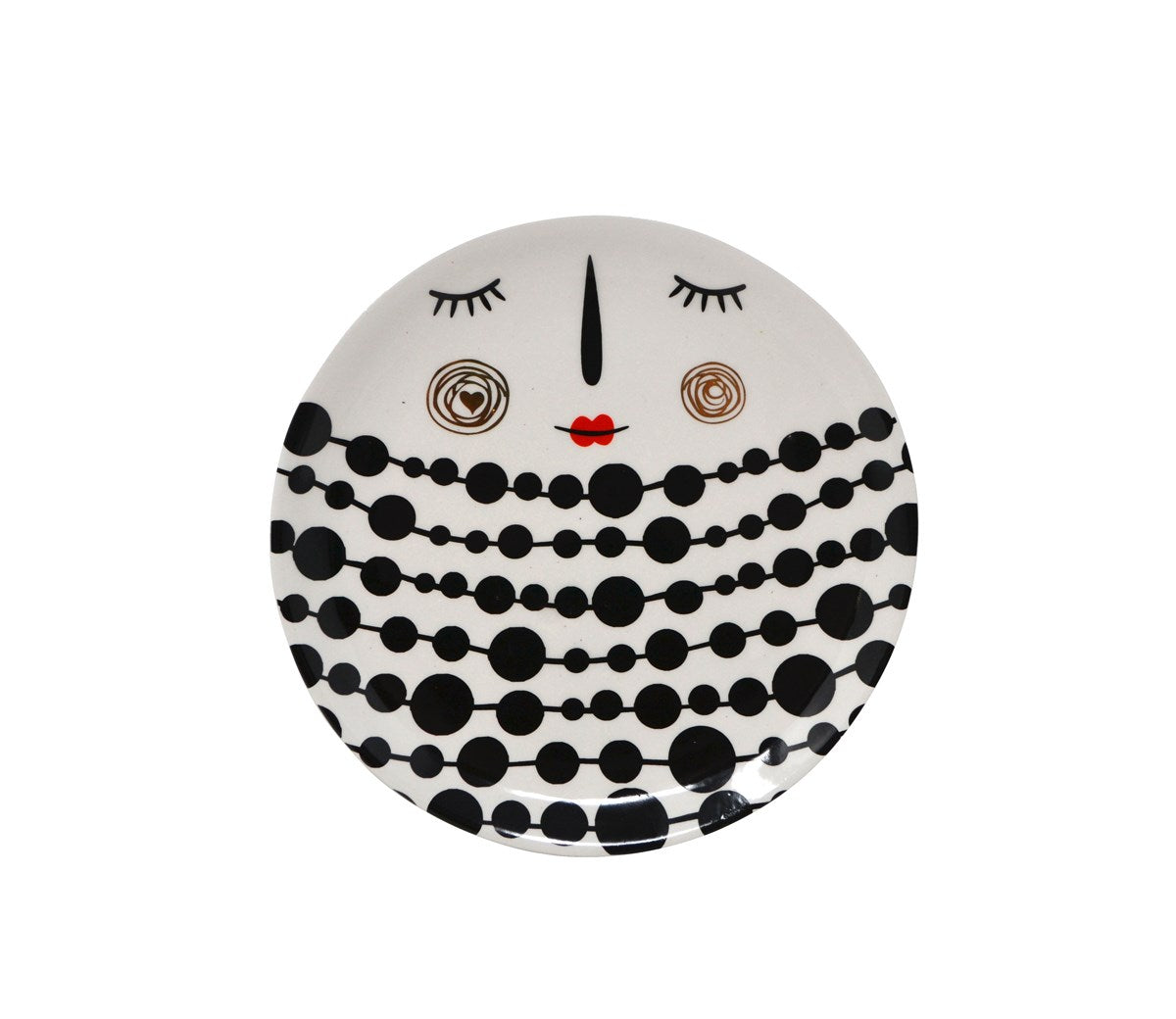 Round decorative plate with a face design featuring black dots on a white background