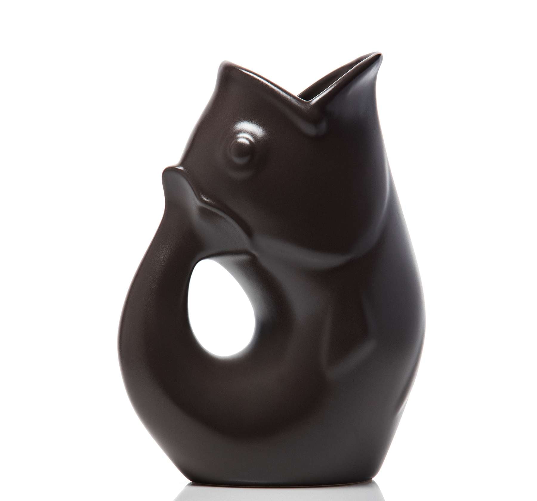 Black ceramic fish-shaped vase on a white background