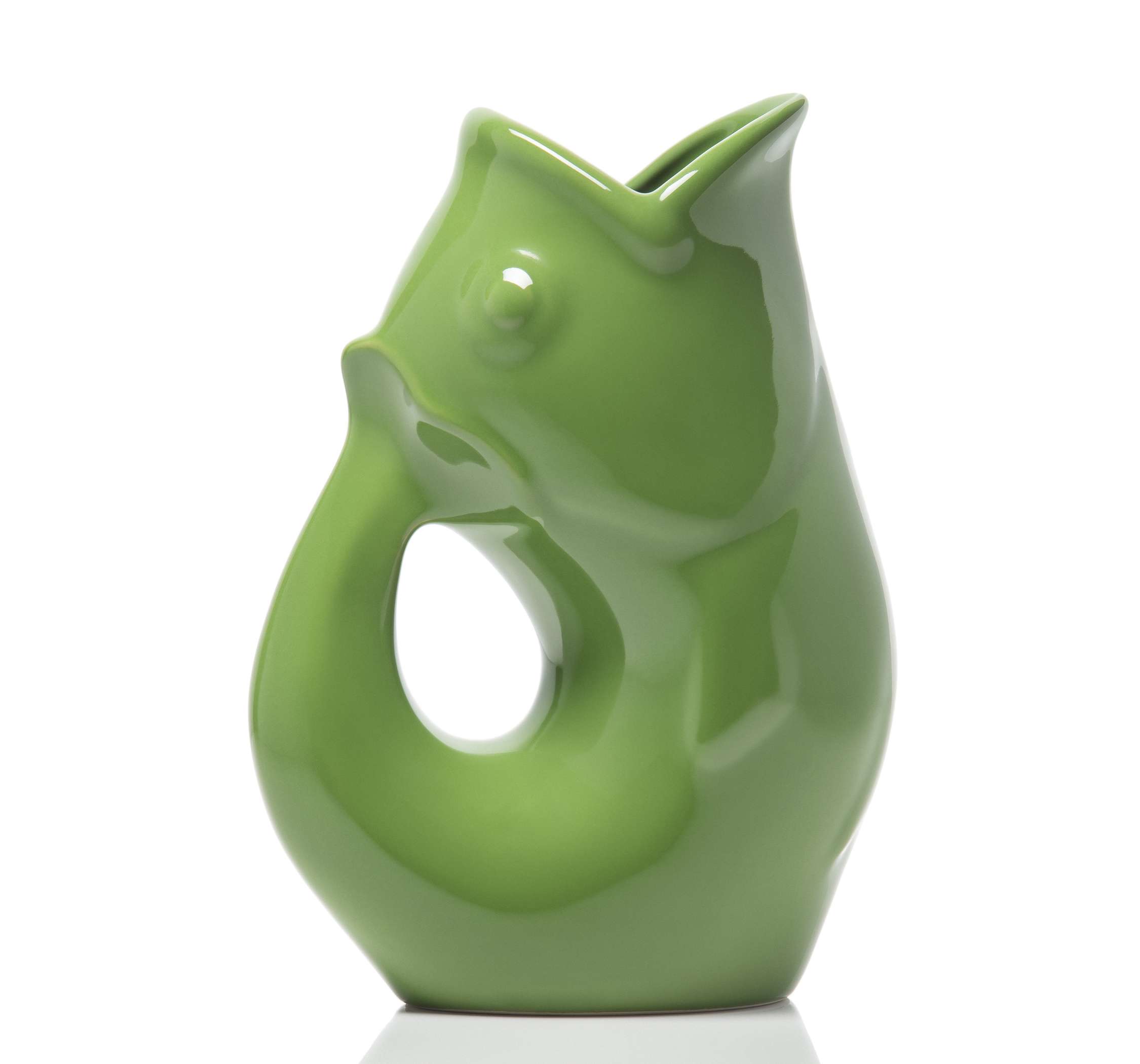 Green ceramic vase shaped like a fish on a white background