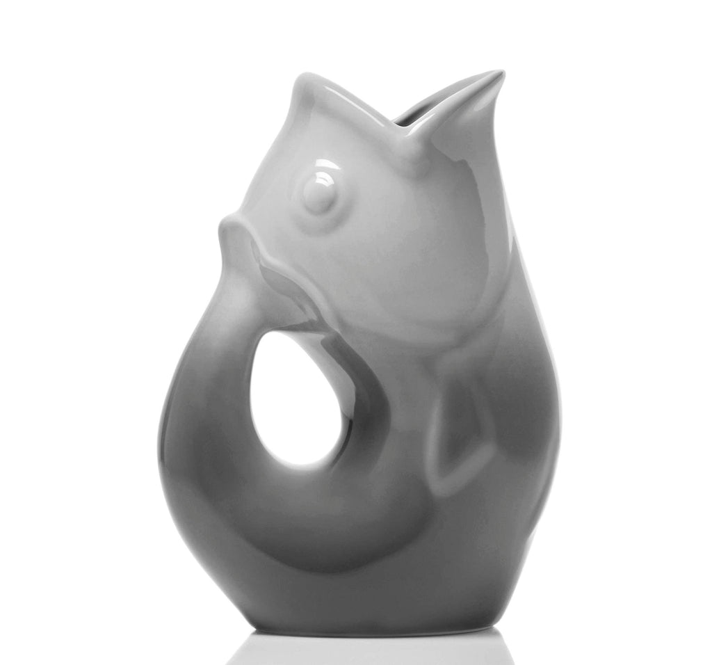 Gray ceramic fish-shaped vase on a white background