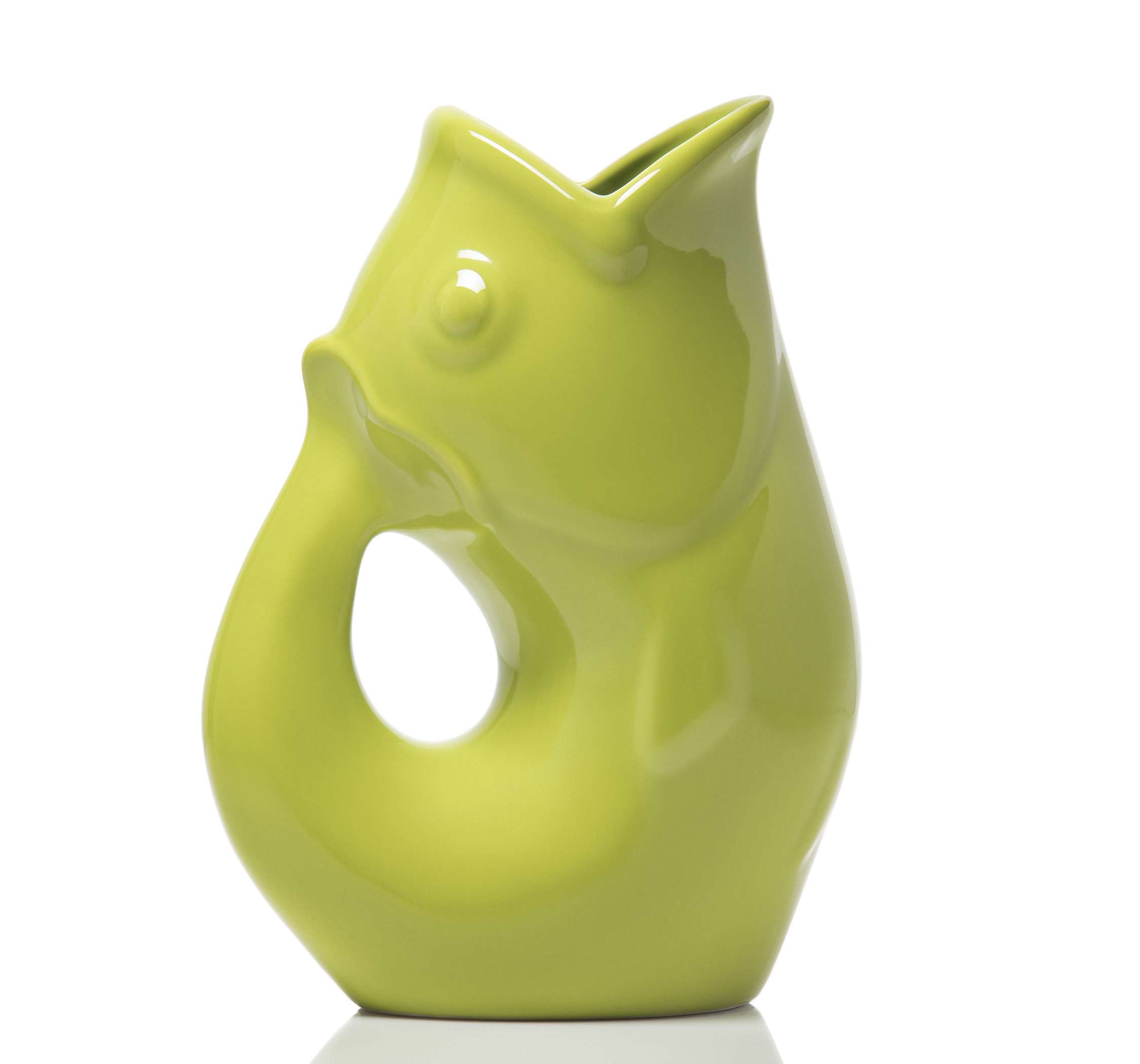Green ceramic fish-shaped vase on a white background