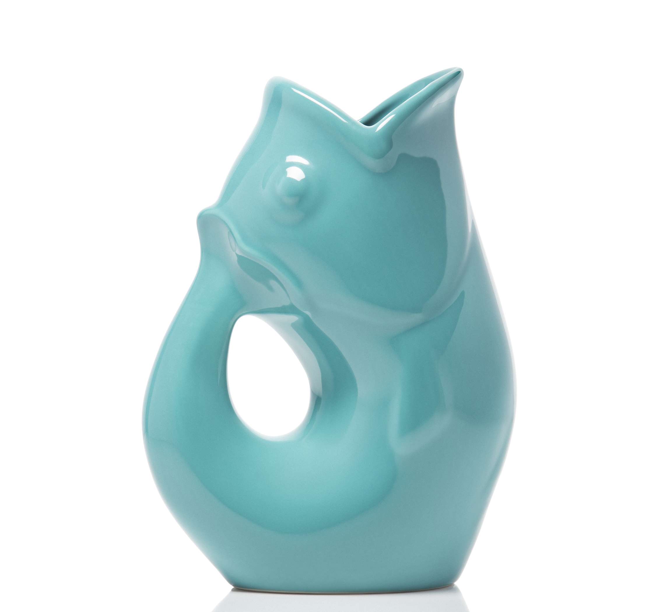 Turquoise ceramic vase shaped like a fish on a white background