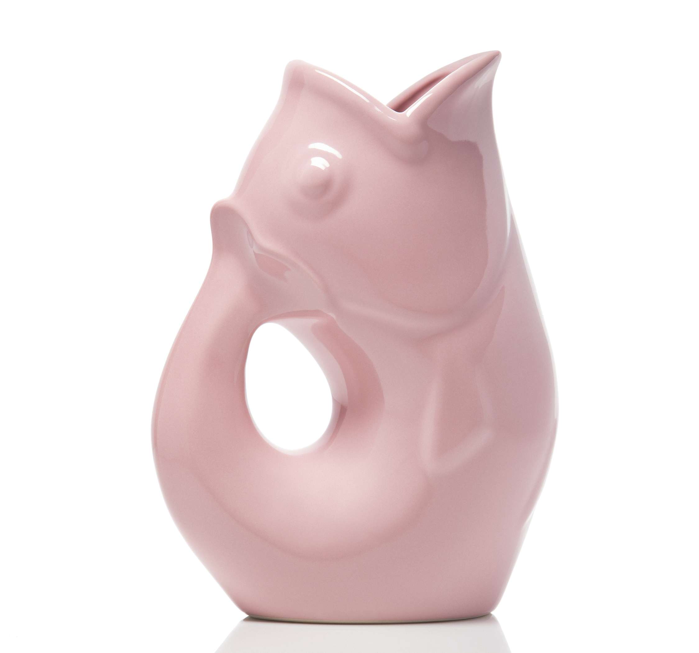 Pink ceramic fish pitcher on a white background