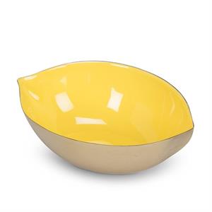 Yellow and beige ceramic lemon-shaped bowl on a white background