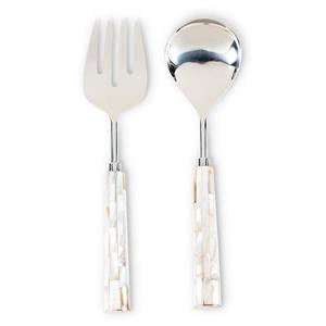 Silver fork and spoon set with decorative handles on a white background