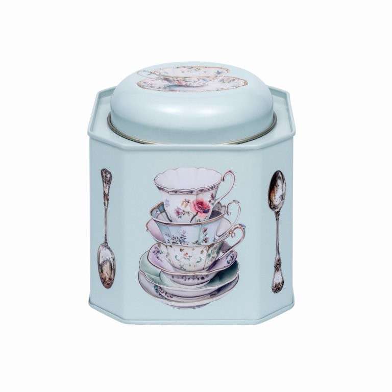 Hexagonal tea canister with vintage tea cup design on a light blue background