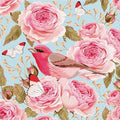 Napkins with pink roses, birds, and butterflies on a light blue background
