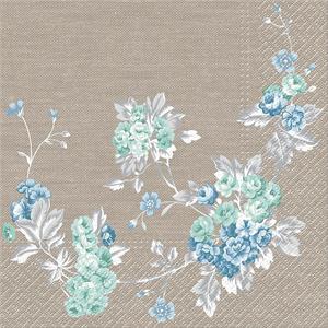 Decorative floral patterned napkins with blue and green flowers on a beige background