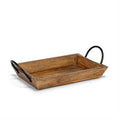Wooden tray with metal handles on a white background