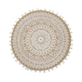 Round decorative mat with a white mandala design and pom-pom edges on a white background