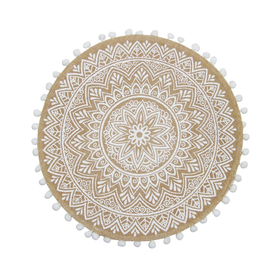 Round decorative mat with a white mandala design and pom-pom edges on a white background