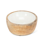 White ceramic bowl with wooden exterior on a white background