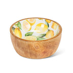 Wooden bowl with lemon patterned interior on a white background