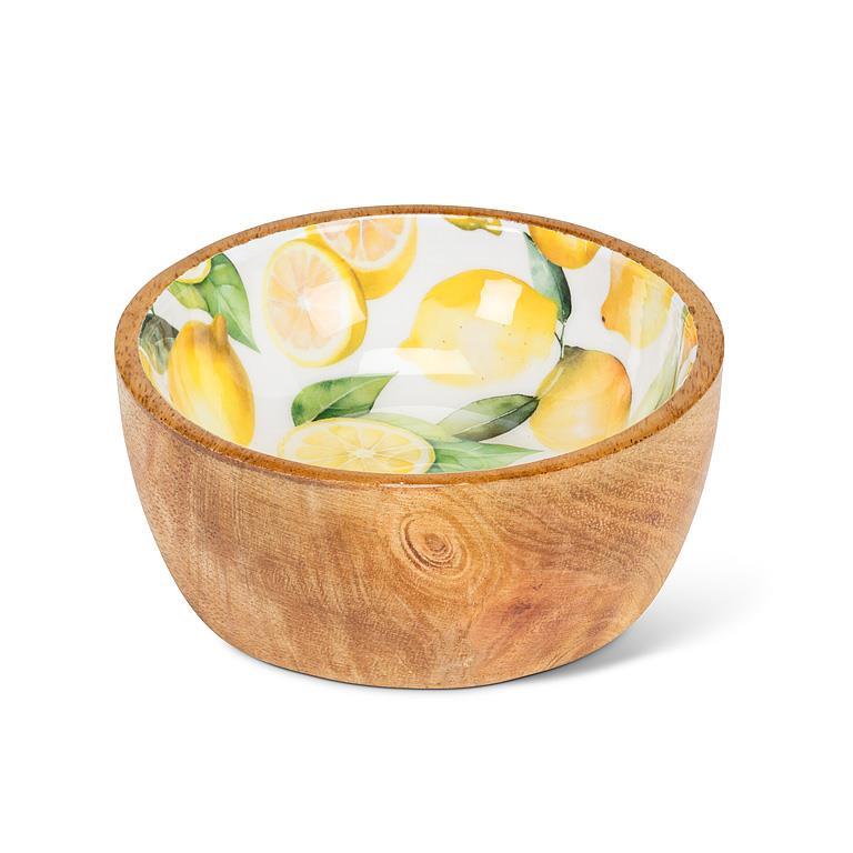 Wooden bowl with lemon patterned interior on a white background