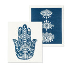 Two blue and white patterned towels with Hamsa hand and eye designs on a white background.
