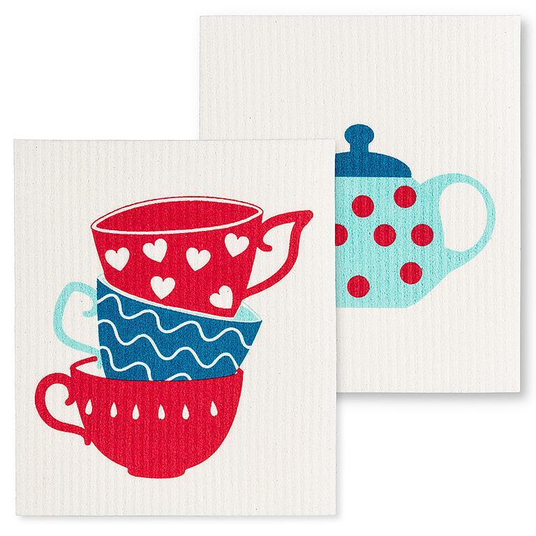 Two dishcloths with colorful cup designs on a white background