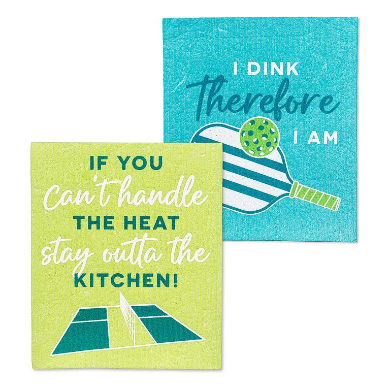 Two humorous pickleball-themed dish cloths on a white background