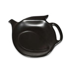 A matte black ceramic teapot-shaped serving dish with a handle on the right and a small spout on the left, shown on a plain white background.