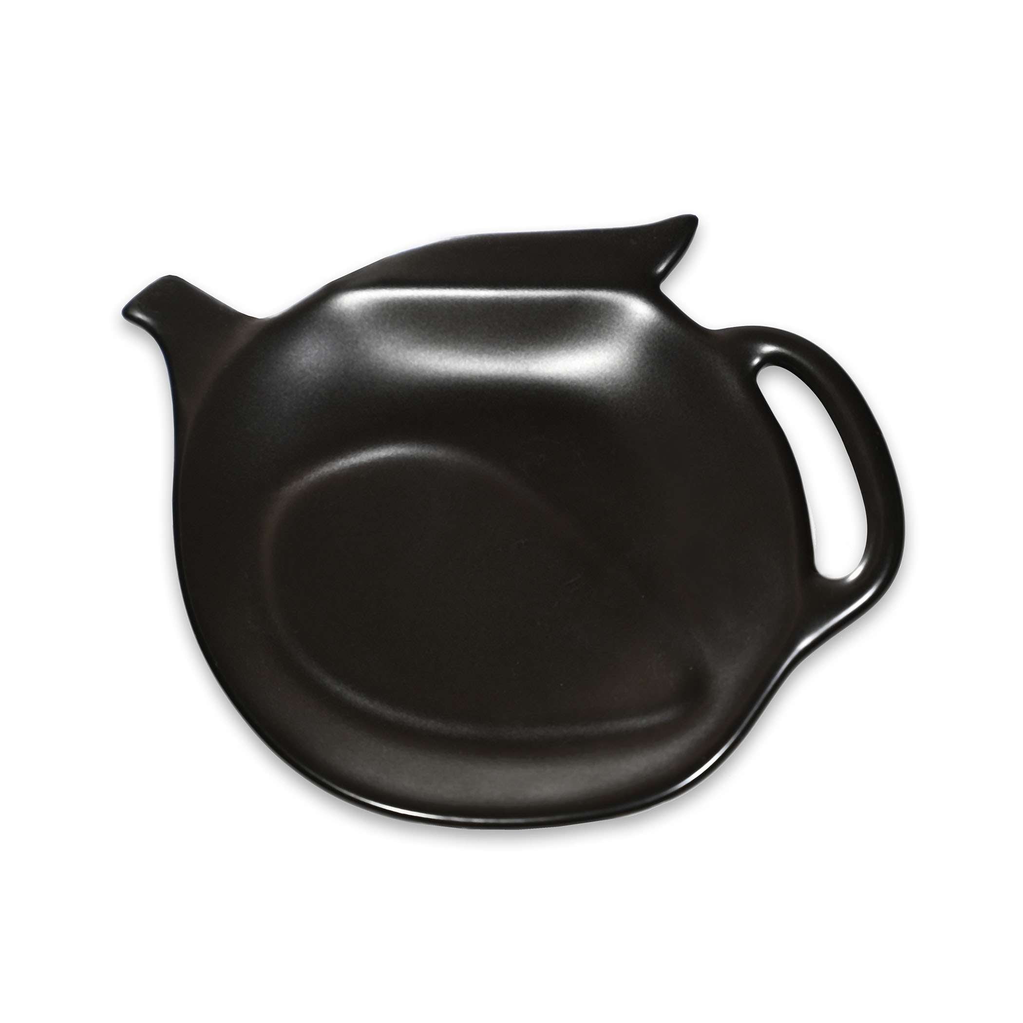 A matte black ceramic teapot-shaped serving dish with a handle on the right and a small spout on the left, shown on a plain white background.
