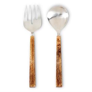 Silver fork and spoon with wooden handles on a white background