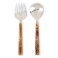 Silver fork and spoon with wooden handles on a white background