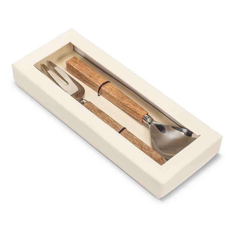 Set of wooden-handled cutlery in a beige box on a white background