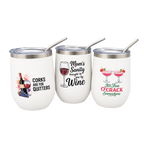 Three white insulated stainless steel wine tumblers with clear lids and metal straws, each with a different wine-themed printed slogan: 'Corks are for quitters,' 'Mom's Sanity brought me love by Wine,' and 'It's Five O'Crack Somewhere.'.