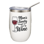 A white insulated stemless tumbler with a stainless steel rim and clear lid, featuring a printed graphic of a wine glass and the text 'Mom's Sanity brought to you by Wine' alongside a metal straw.