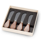 Set of four knives with wooden handles in a box on a white background